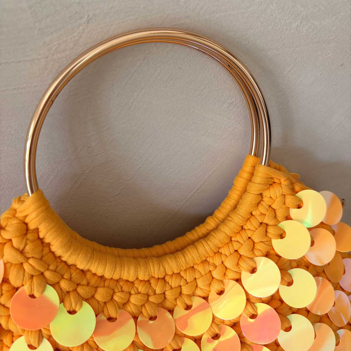 Borsa Uncinetto Crochet con Paillettes Olografiche Arancione Manici Anello