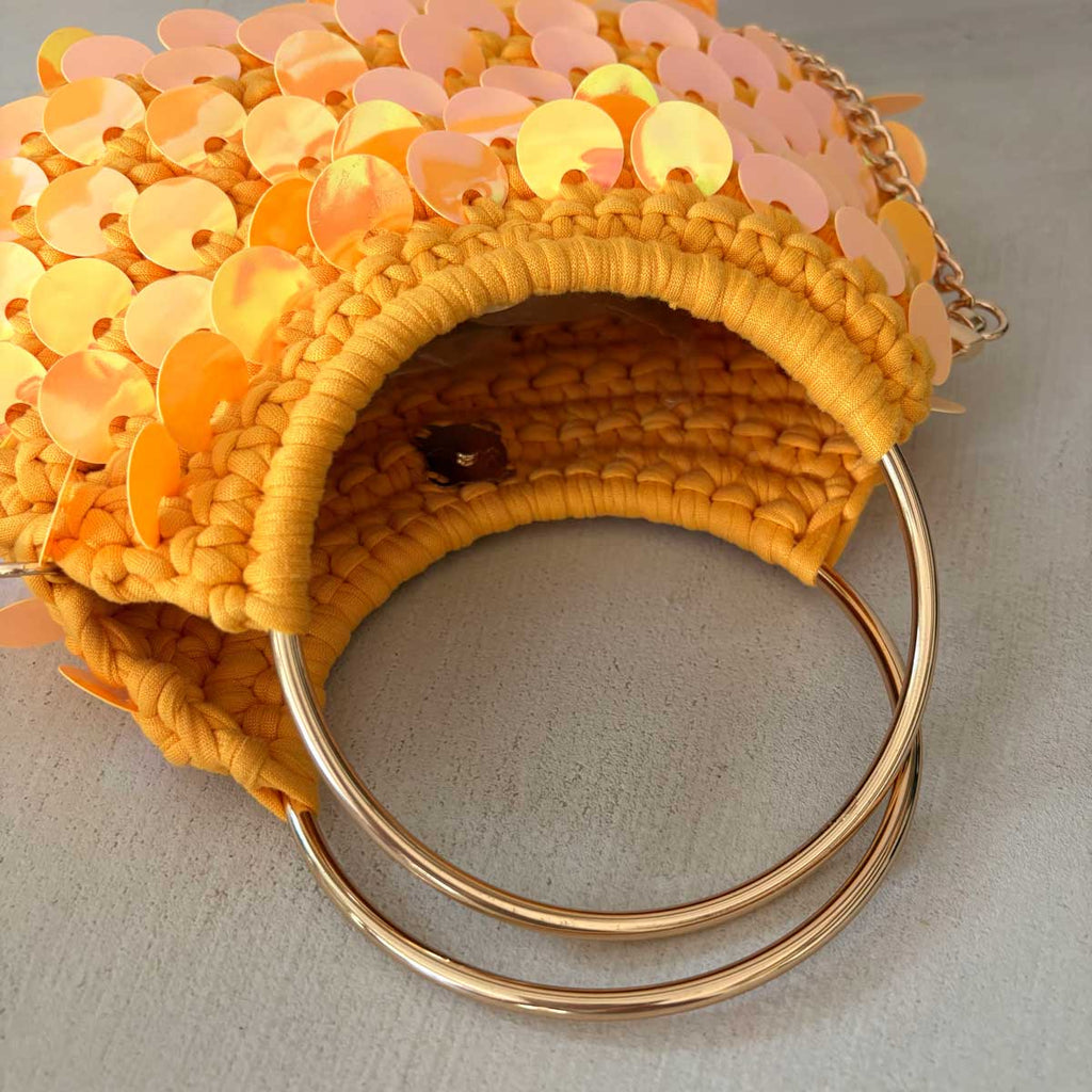 Borsa Uncinetto Crochet con Paillettes Olografiche Arancione Manici Anello