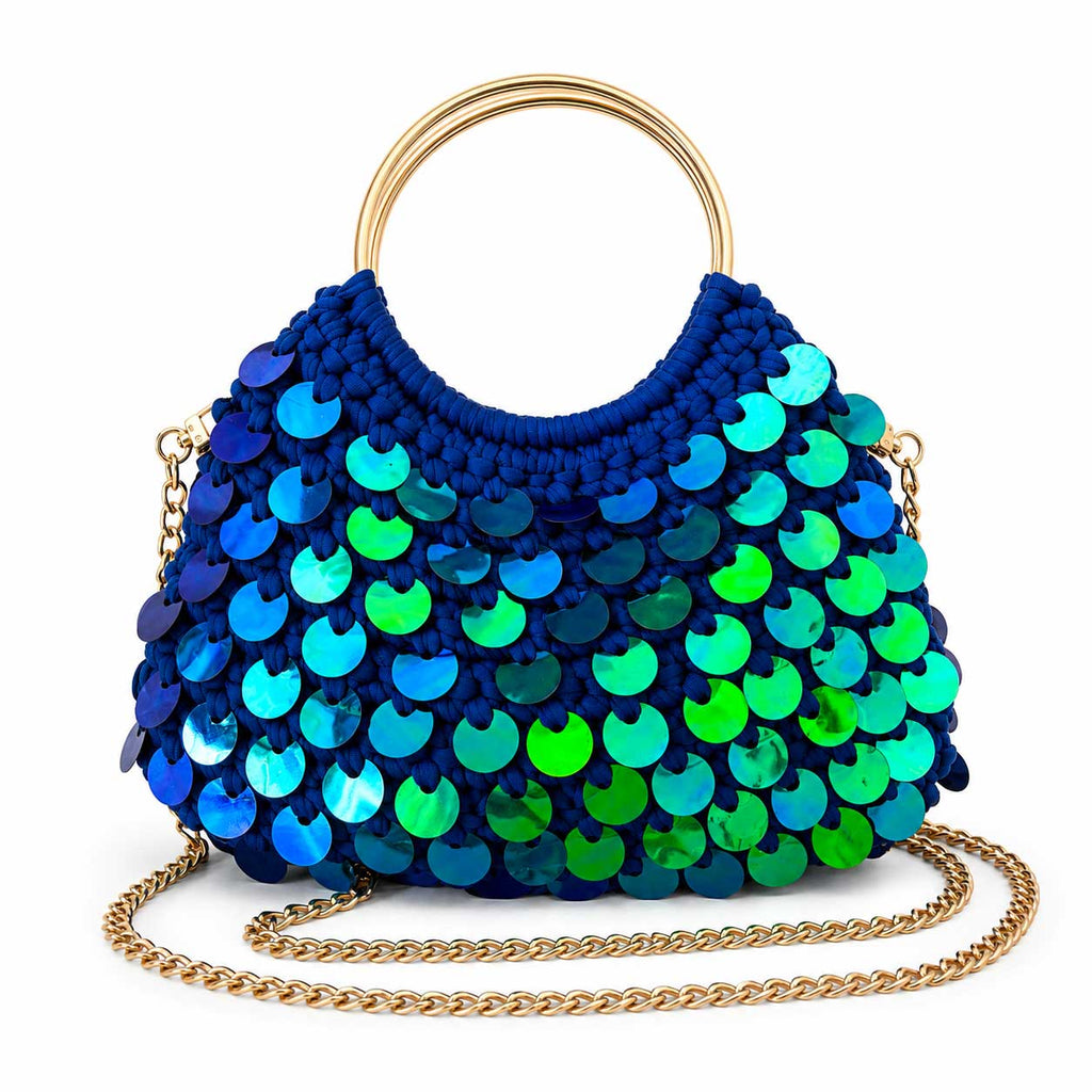 Borsa Uncinetto Crochet Blu con Paillettes Olografiche Manici Anello