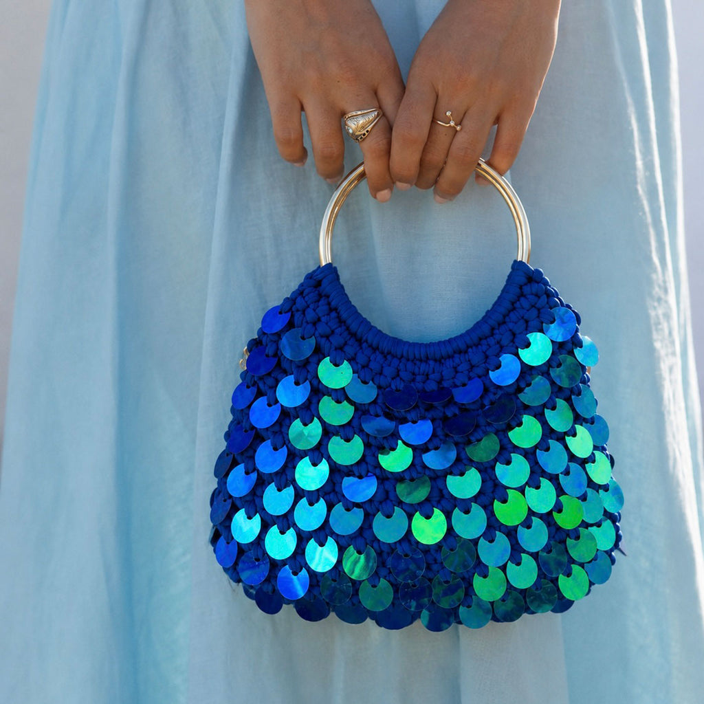 Borsa Uncinetto Crochet con Paillettes Olografiche Blu Manici Anello