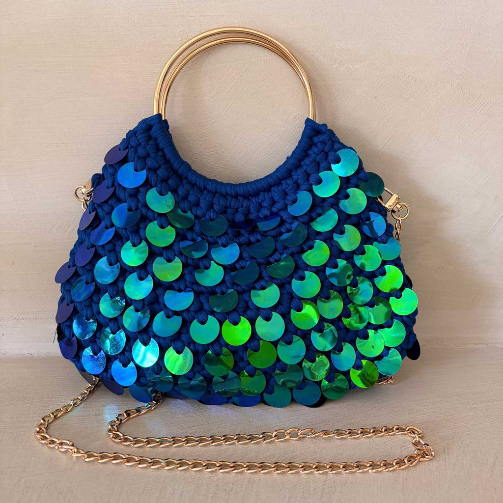 Borsa Uncinetto Crochet Blu con Paillettes Olografiche Manici Anello