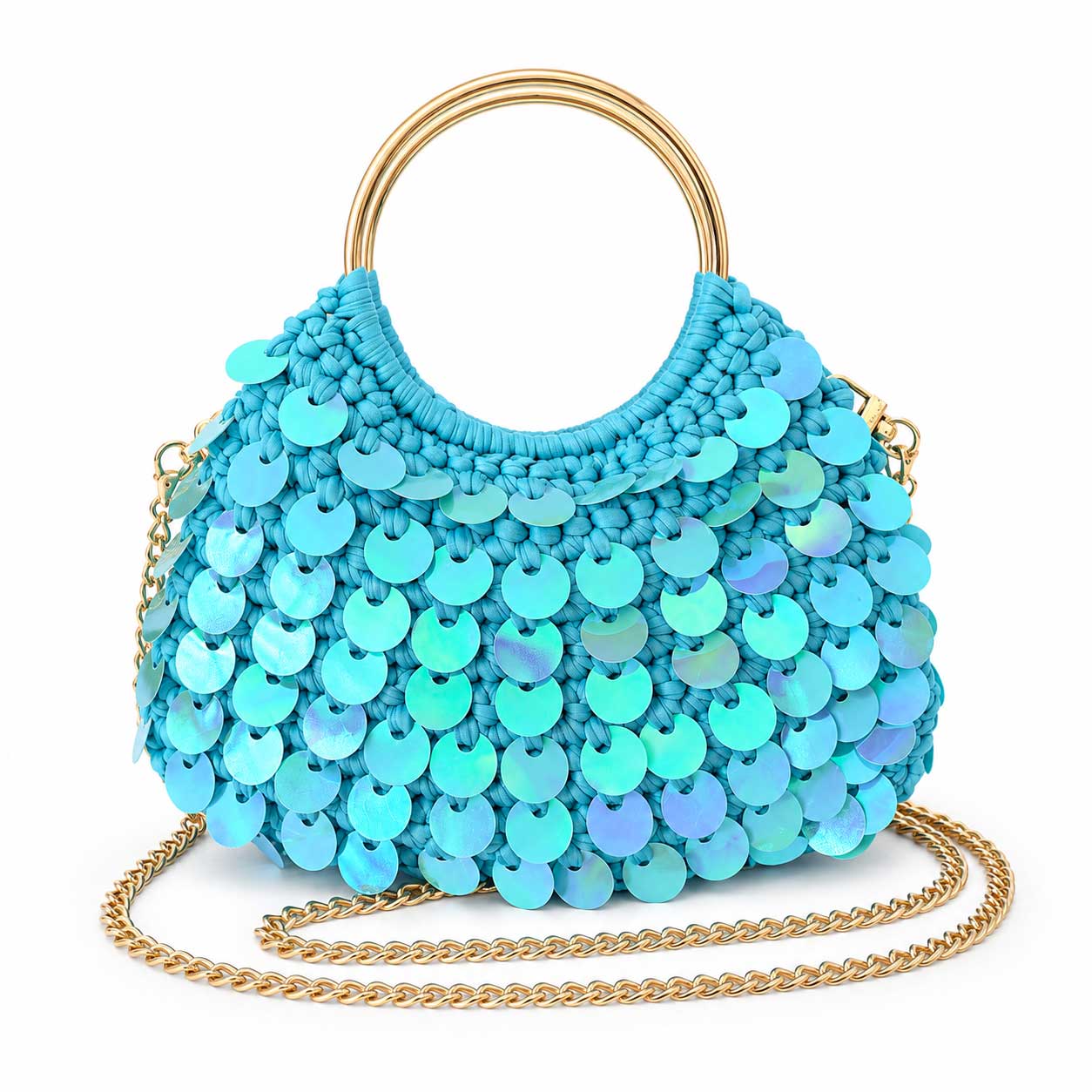 Borsa Uncinetto Crochet Azzurra con Paillettes Olografiche Manici Anello