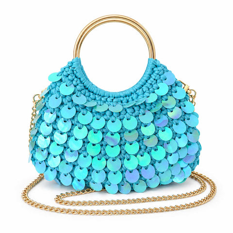 Borsa Uncinetto Crochet Azzurra con Paillettes Olografiche Manici Anello