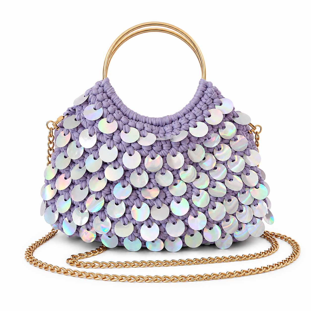 Borsa Uncinetto Crochet Lilla con Paillettes Olografiche Manici Anello