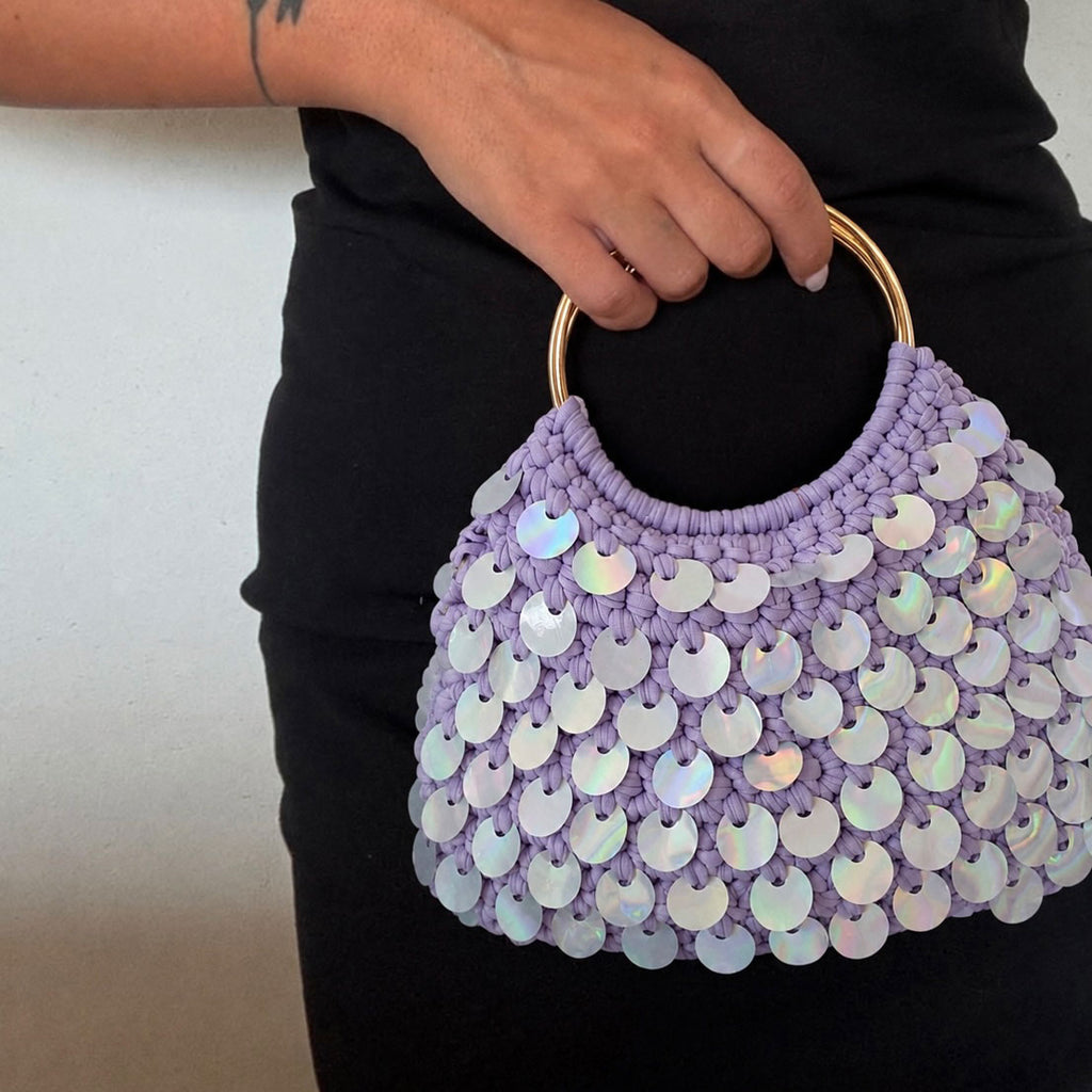 Borsa Uncinetto Crochet Lilla con Paillettes Olografiche Manici Anello