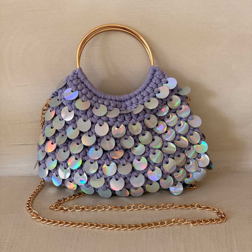 Borsa Uncinetto Crochet Lilla con Paillettes Olografiche Manici Anello