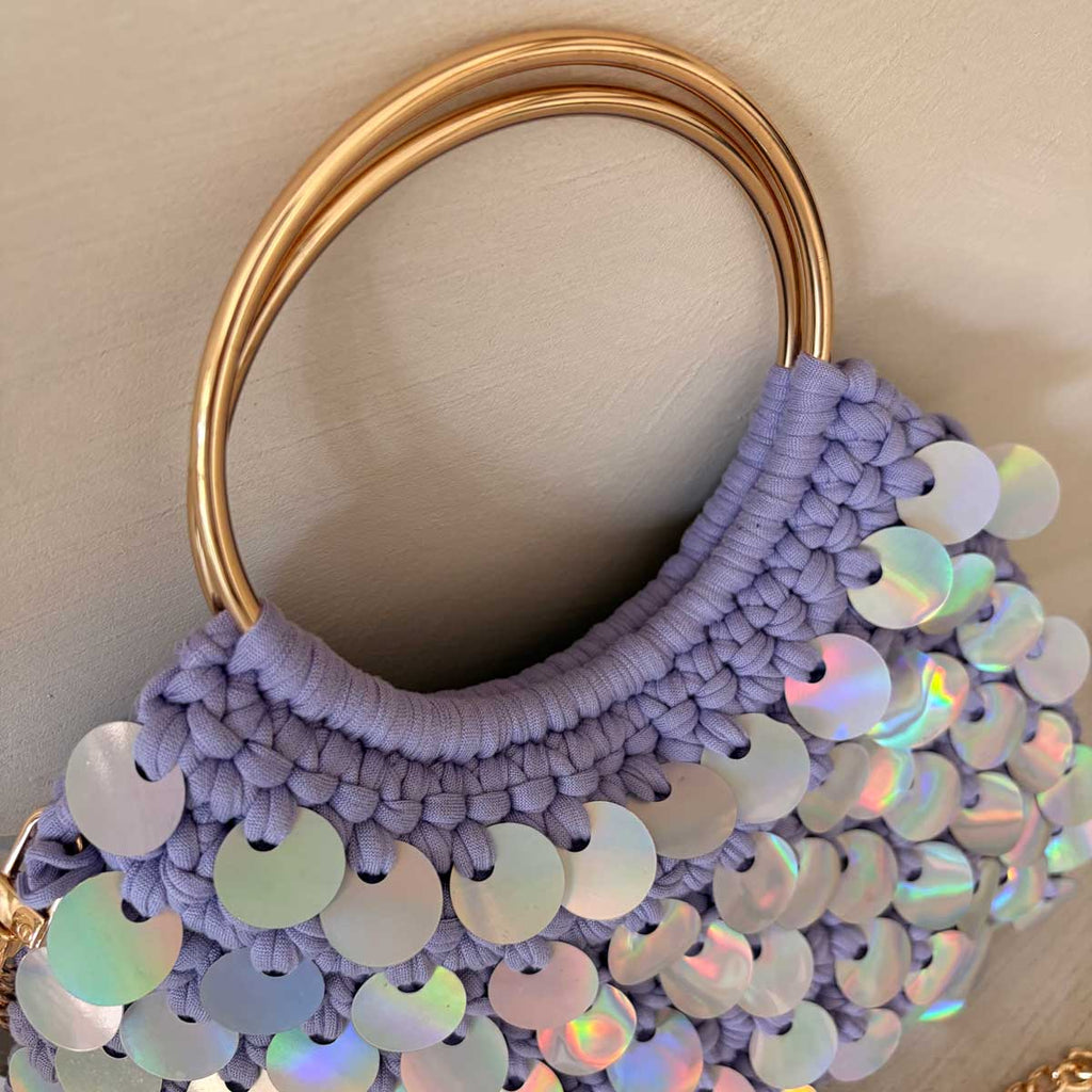 Borsa Uncinetto Crochet Lilla con Paillettes Olografiche Manici Anello