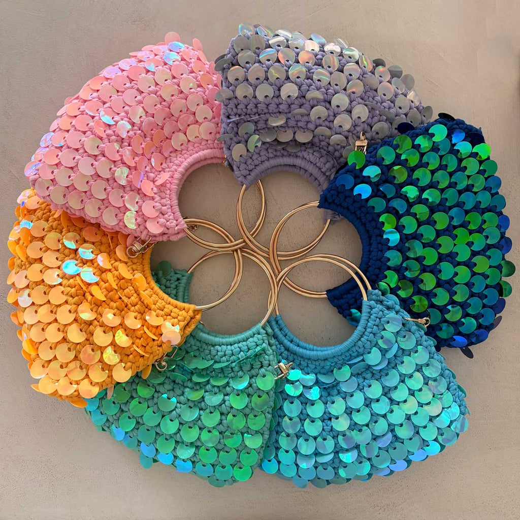 Borsa Uncinetto Crochet con Paillettes Olografiche Manici Anello
