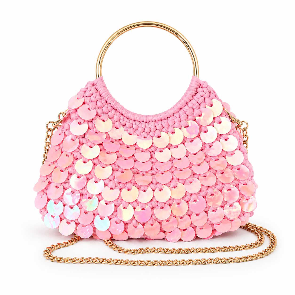 Borsa Uncinetto Crochet Rosa con Paillettes Olografiche Manici Anello