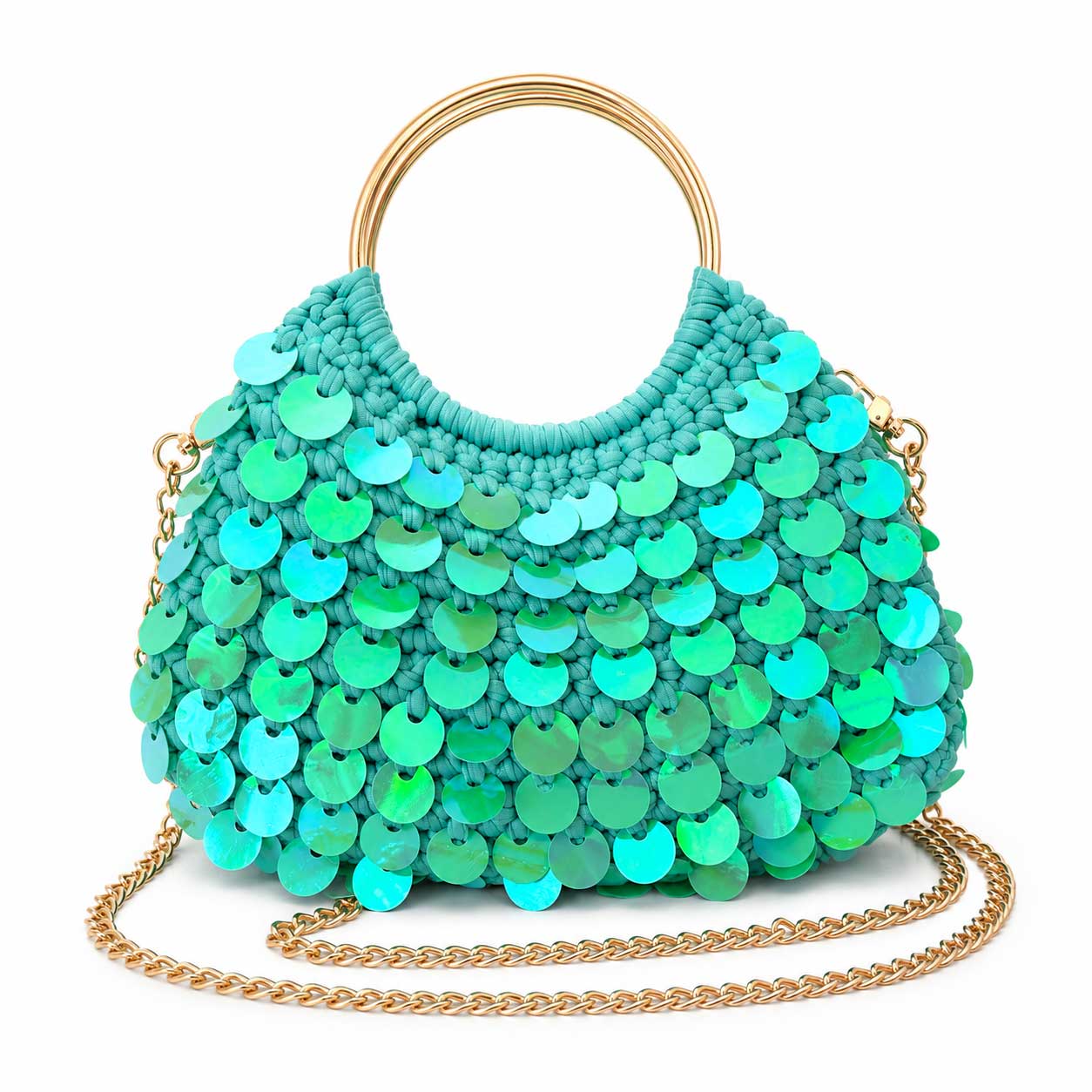 Borsa Uncinetto Crochet Turchese con Paillettes Olografiche Manici Anello