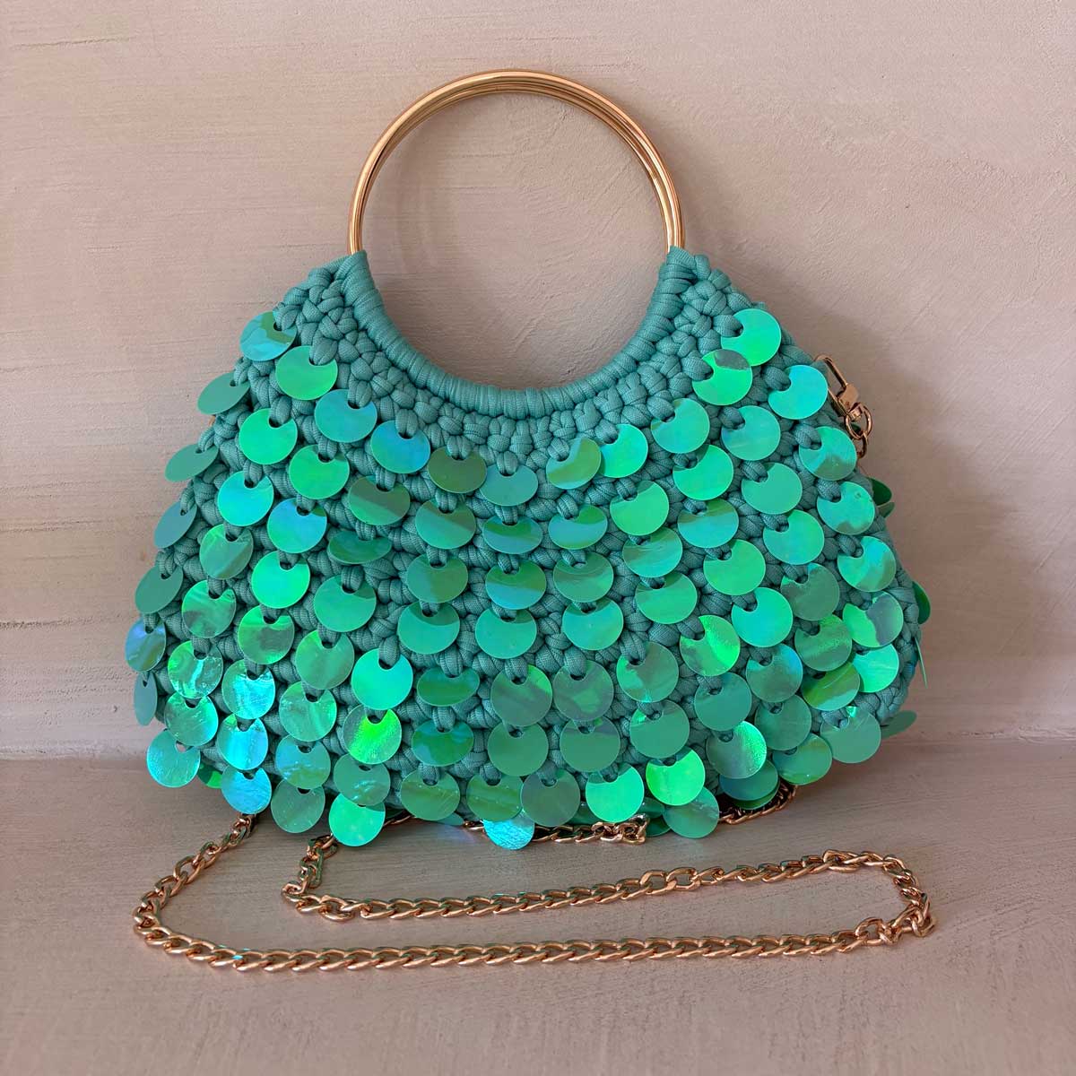 Borsa Uncinetto Crochet Turchese con Paillettes Olografiche Manici Anello