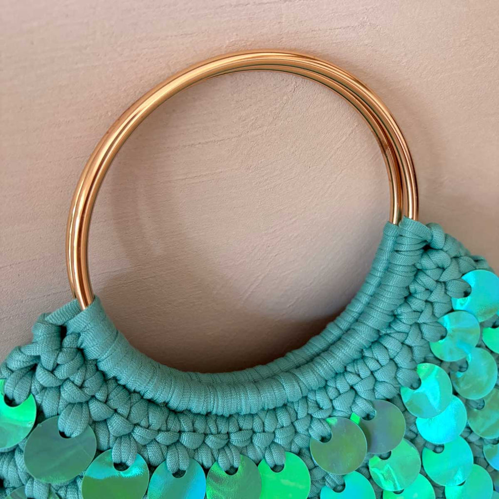 Borsa Uncinetto Crochet Turchese con Paillettes Olografiche Manici Anello