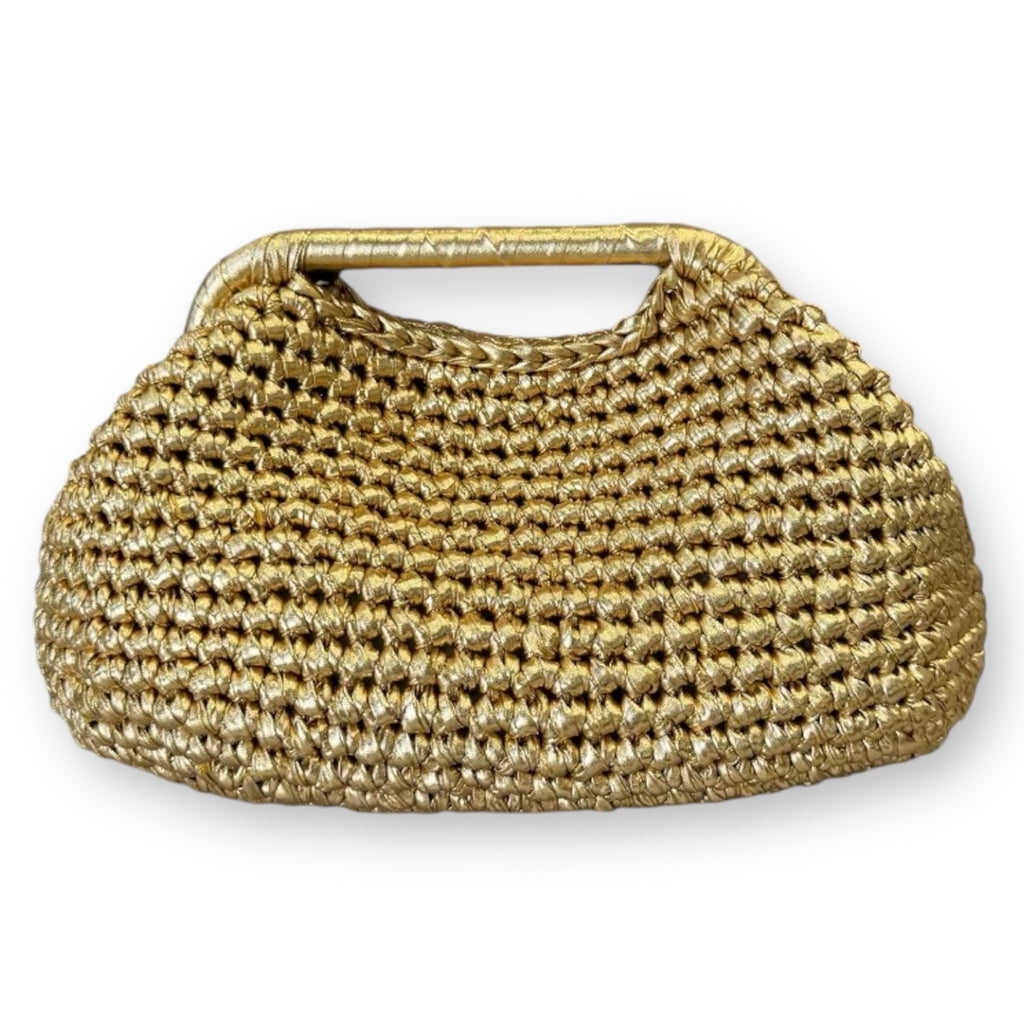 Borsa clutch all’uncinetto effetto pelle metallizzata oro personalizzabile