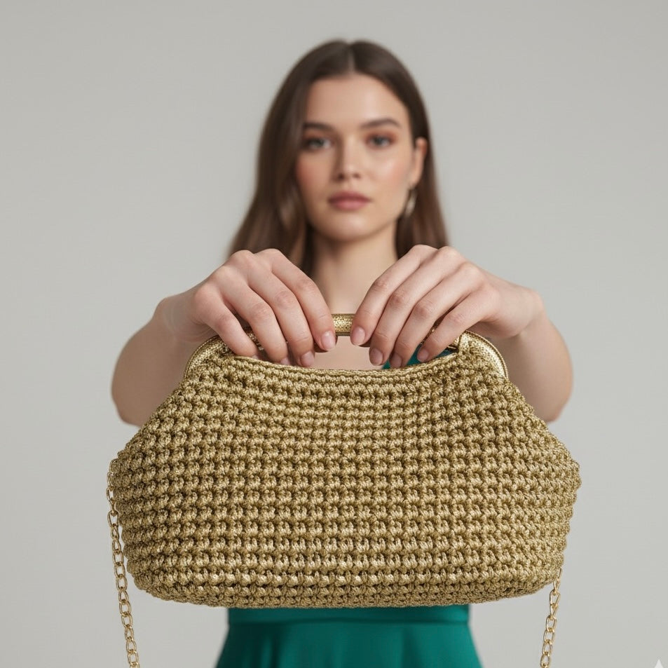Borsa clutch all’uncinetto effetto pelle metallizzata oro personalizzabile