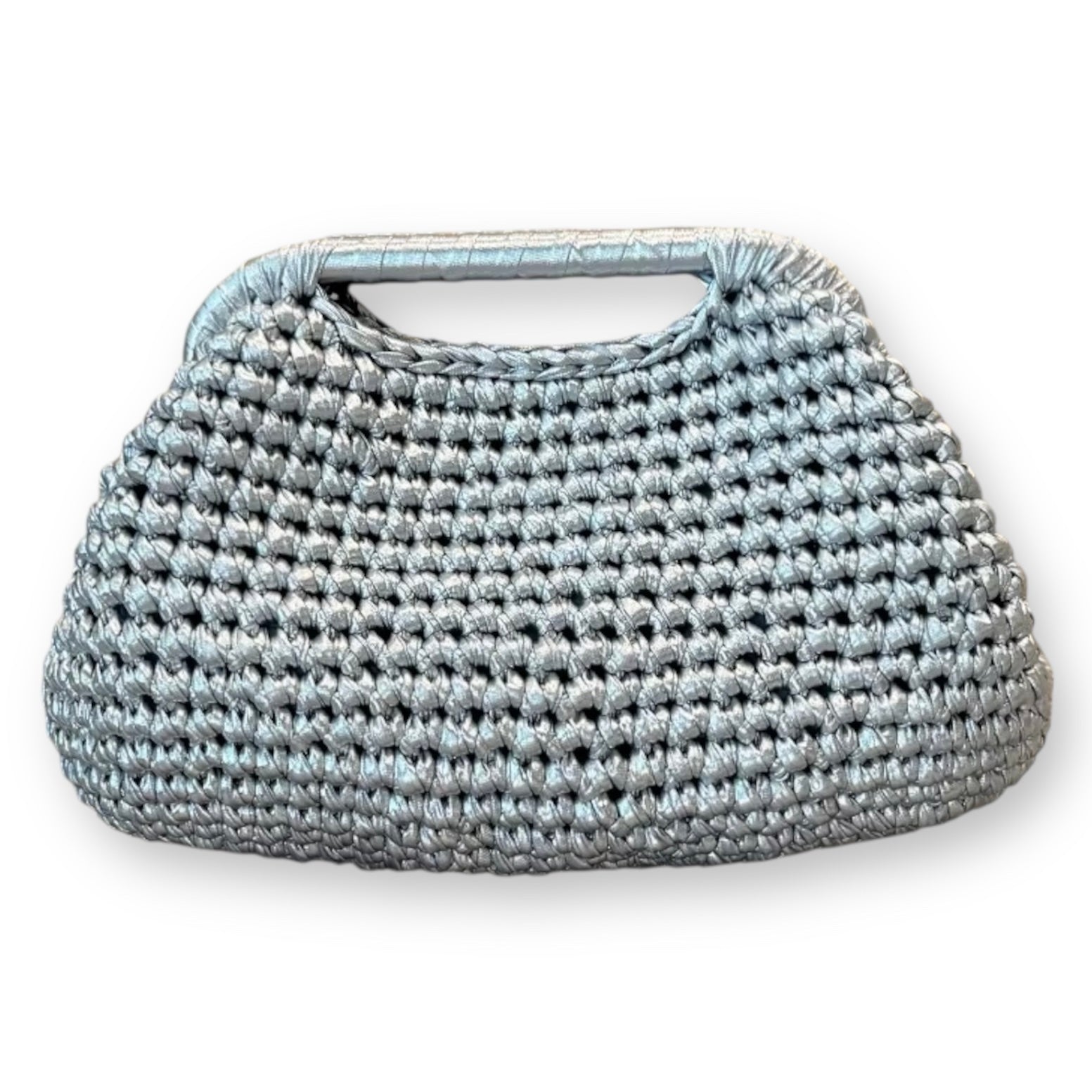 Borsa clutch all’uncinetto in fettuccia metallizzata similpelle argento personalizzabile
