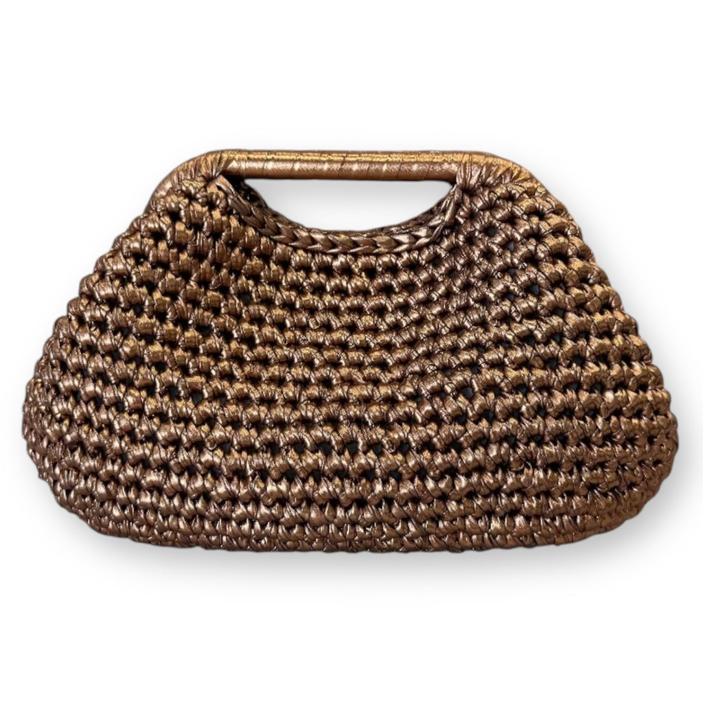 Borsa clutch all’uncinetto in fettuccia metallizzata similpelle bronzo personalizzabile