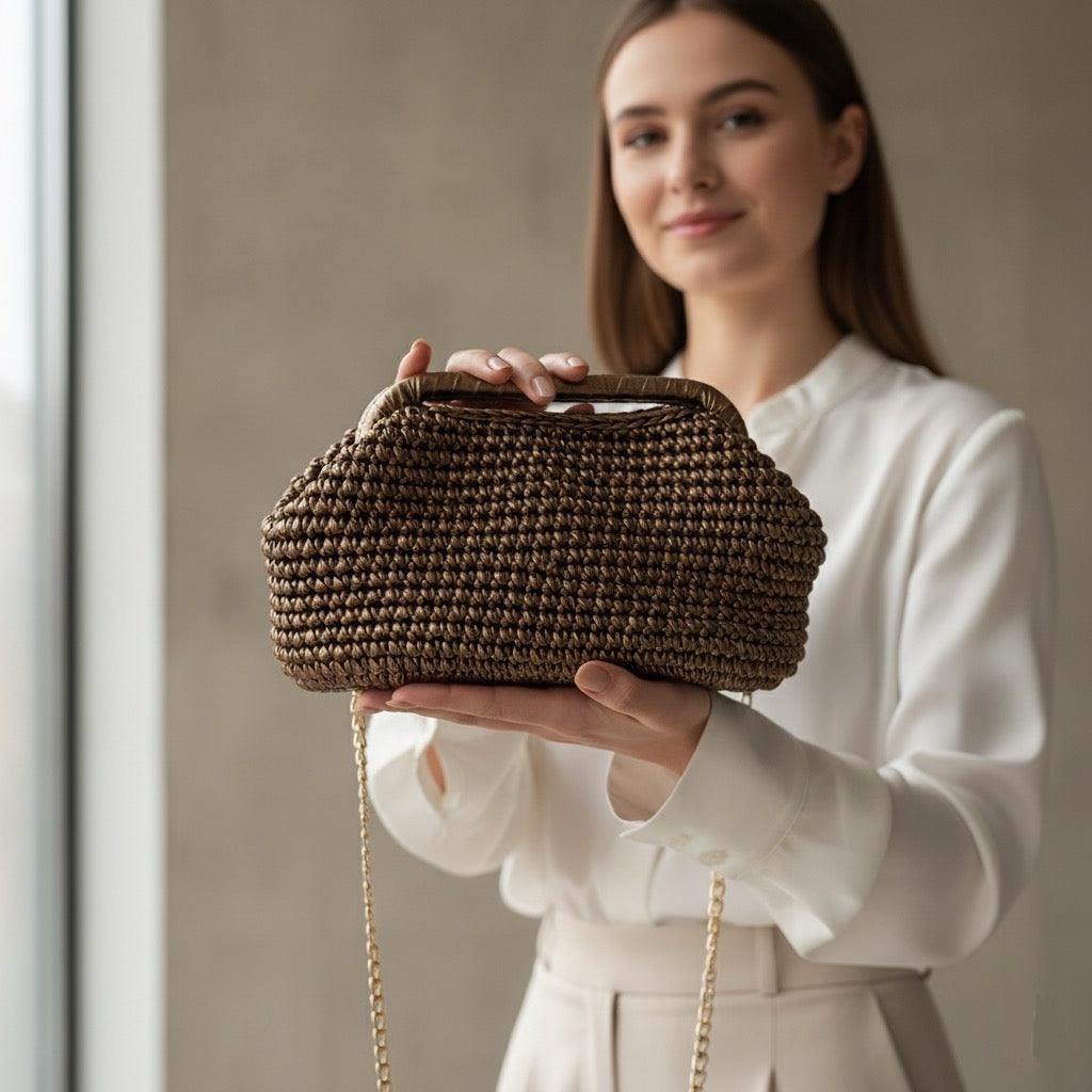 Borsa clutch all’uncinetto in fettuccia metallizzata similpelle bronzo personalizzabile