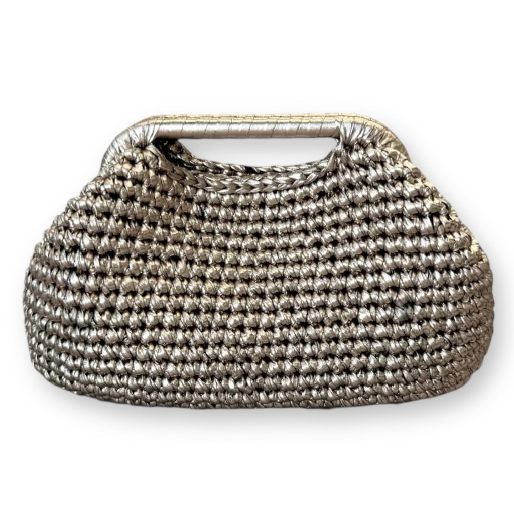 Borsa clutch all’uncinetto in fettuccia metallizzata similpelle champagne personalizzabile
