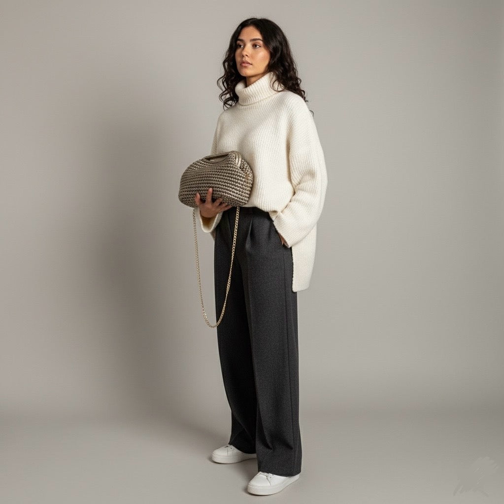 Borsa clutch all’uncinetto in fettuccia metallizzata similpelle champagne personalizzabile