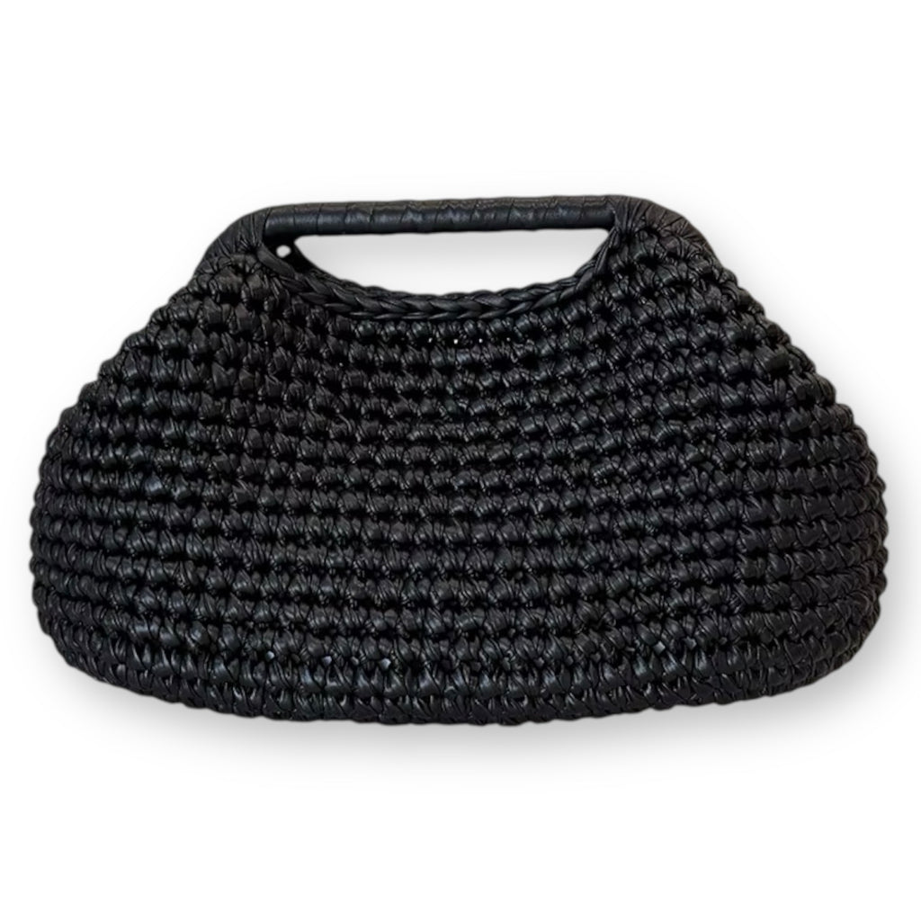 Borsa clutch all’uncinetto in fettuccia metallizzata similpelle nero personalizzabile