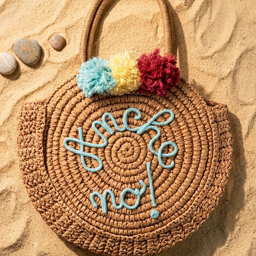 Borsa in paglia rotonda con scritta personalizzata