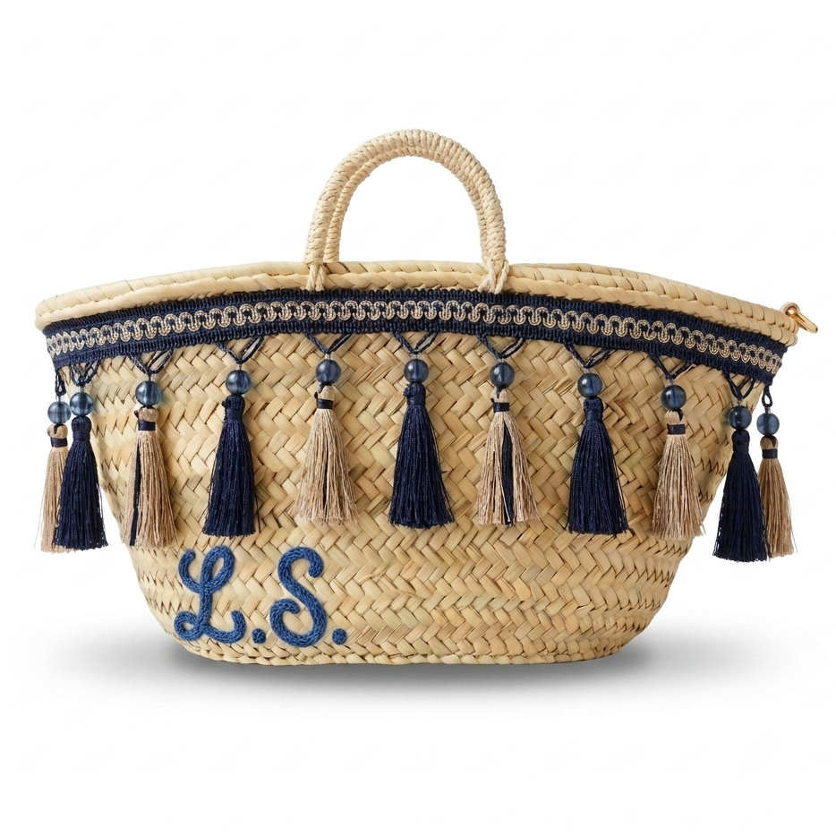 Borsa in paglia Zagara con nappe navy