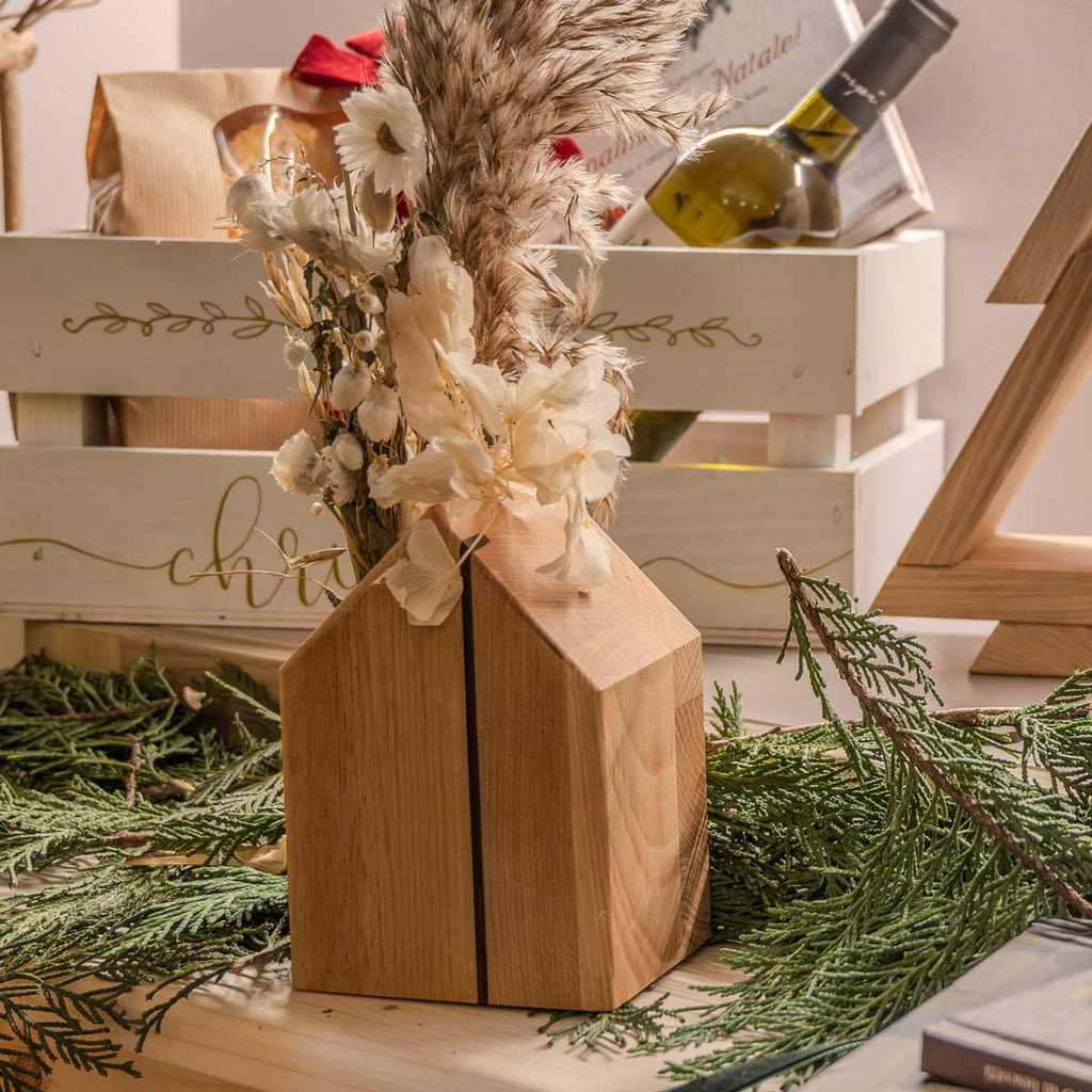 Casetta decorativa in legno ferma libri porta fiori