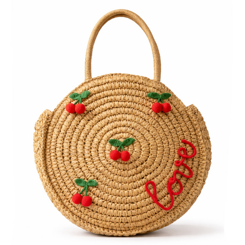 Borsa rotonda in paglia con ciliegie e scritta personalizzata