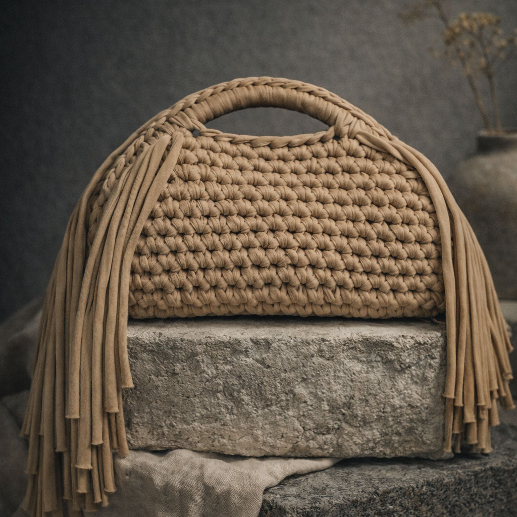 Clutch bag all'uncinetto fatta a mano beige con frange