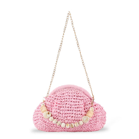 Clutch in rafia all’uncinetto con manico in pietra naturale