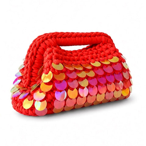 Clutch bag all'uncinetto arancione con paillettes olografiche