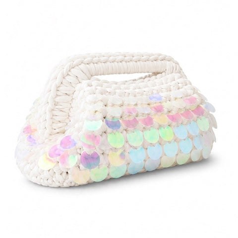 Borsa clutch all'uncinetto bianca con paillettes