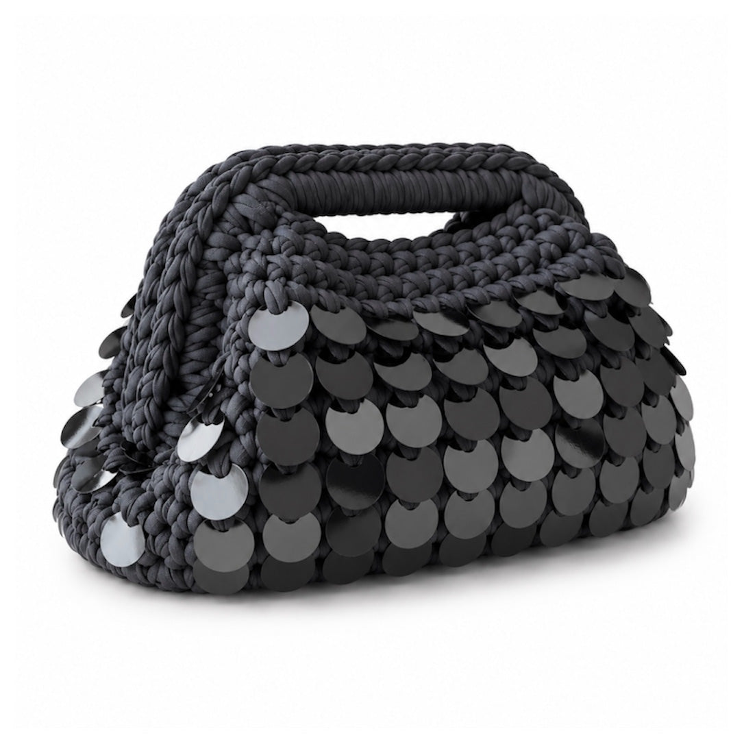 Pochette clutch all'uncinetto con paillettes nere