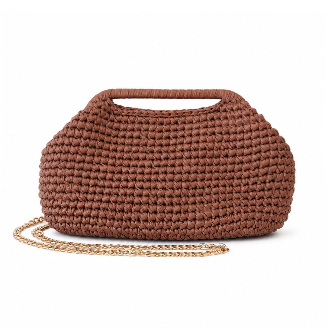 Clutch Crochet Marrone Caramello Borsa all’uncinetto in Pelle Made in Italy