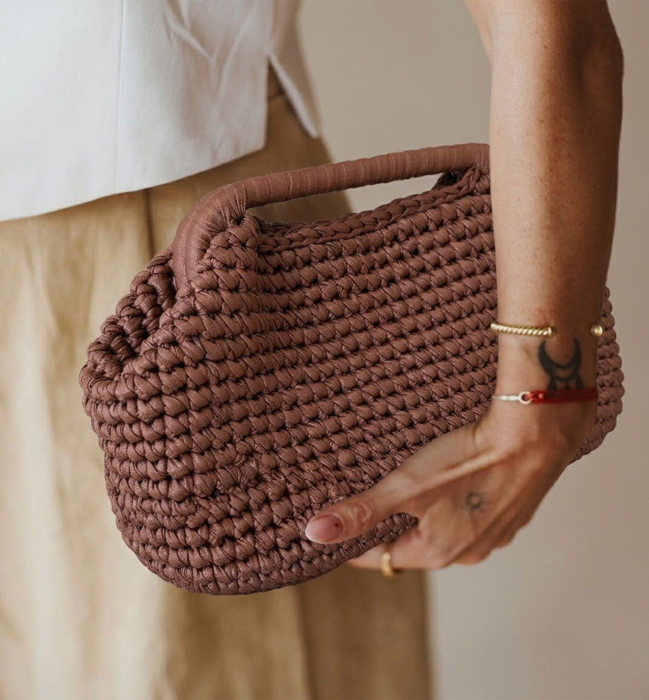 Clutch Crochet Marrone Caramello Borsa all’uncinetto in Pelle Made in Italy