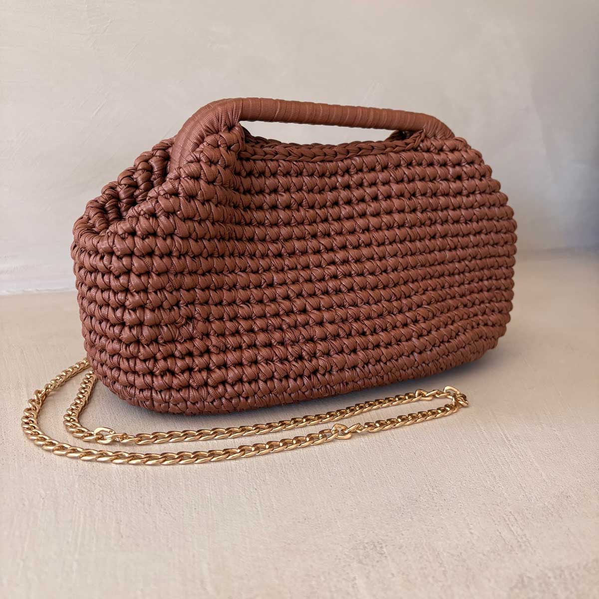 Clutch Crochet Marrone Caramello Borsa all’uncinetto in Pelle Made in Italy