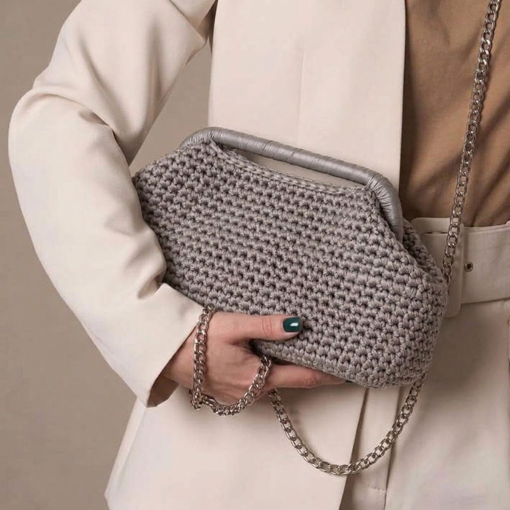 Clutch Crochet Grigia Borsa all’uncinetto in Pelle Made in Italy