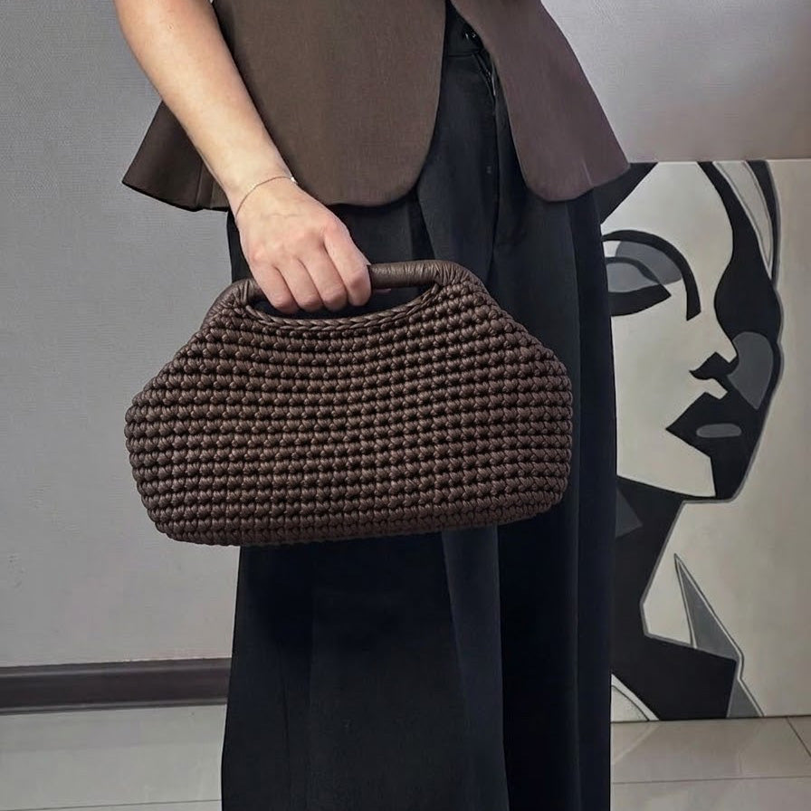 Clutch Crochet Marrone Scuro  Borsa all’uncinetto in Pelle Made in Italy