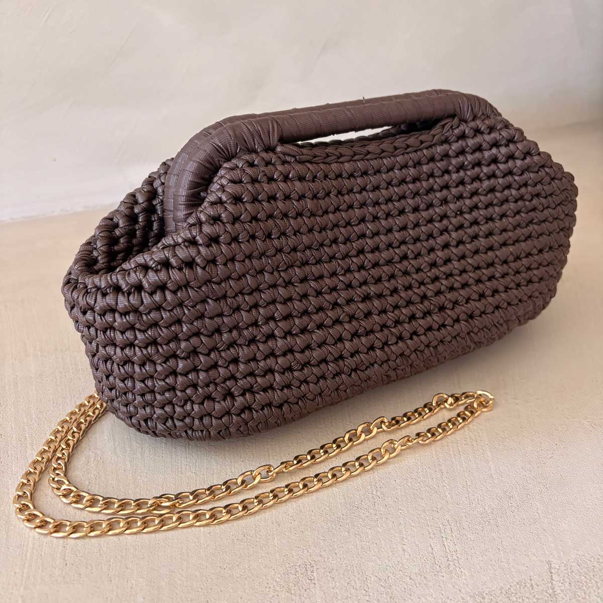 Clutch Crochet Marrone Scuro  Borsa all’uncinetto in Pelle Made in Italy