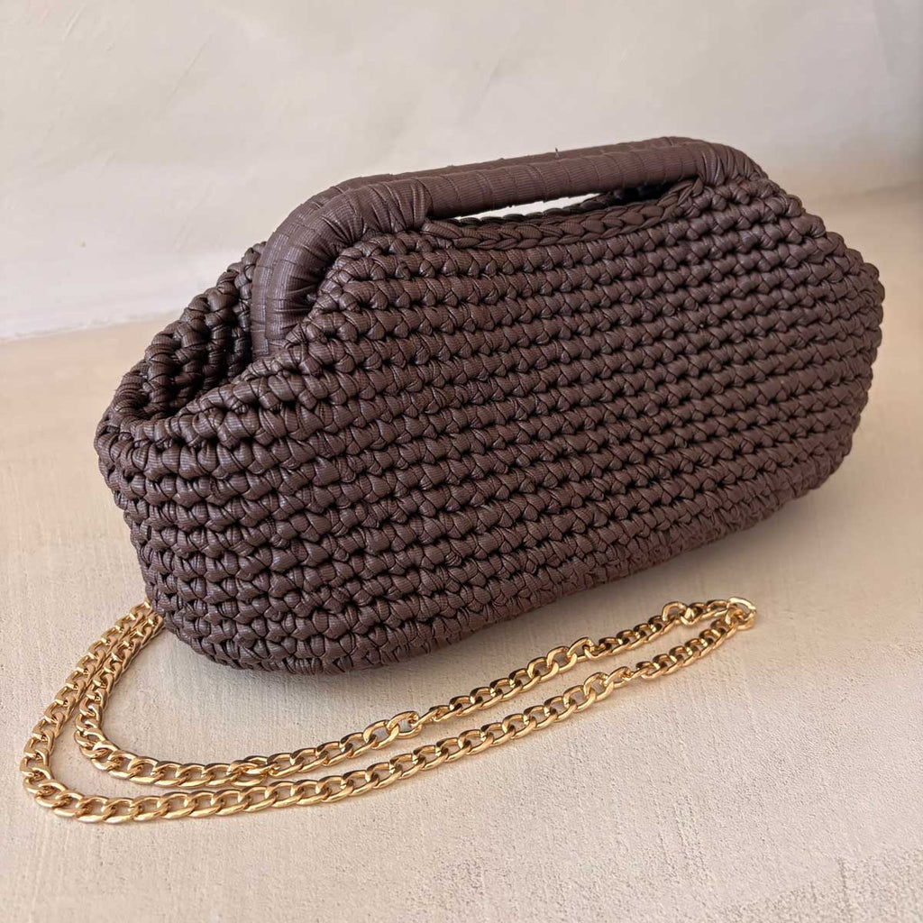 Clutch Crochet Marrone Scuro  Borsa all’uncinetto in Pelle Made in Italy