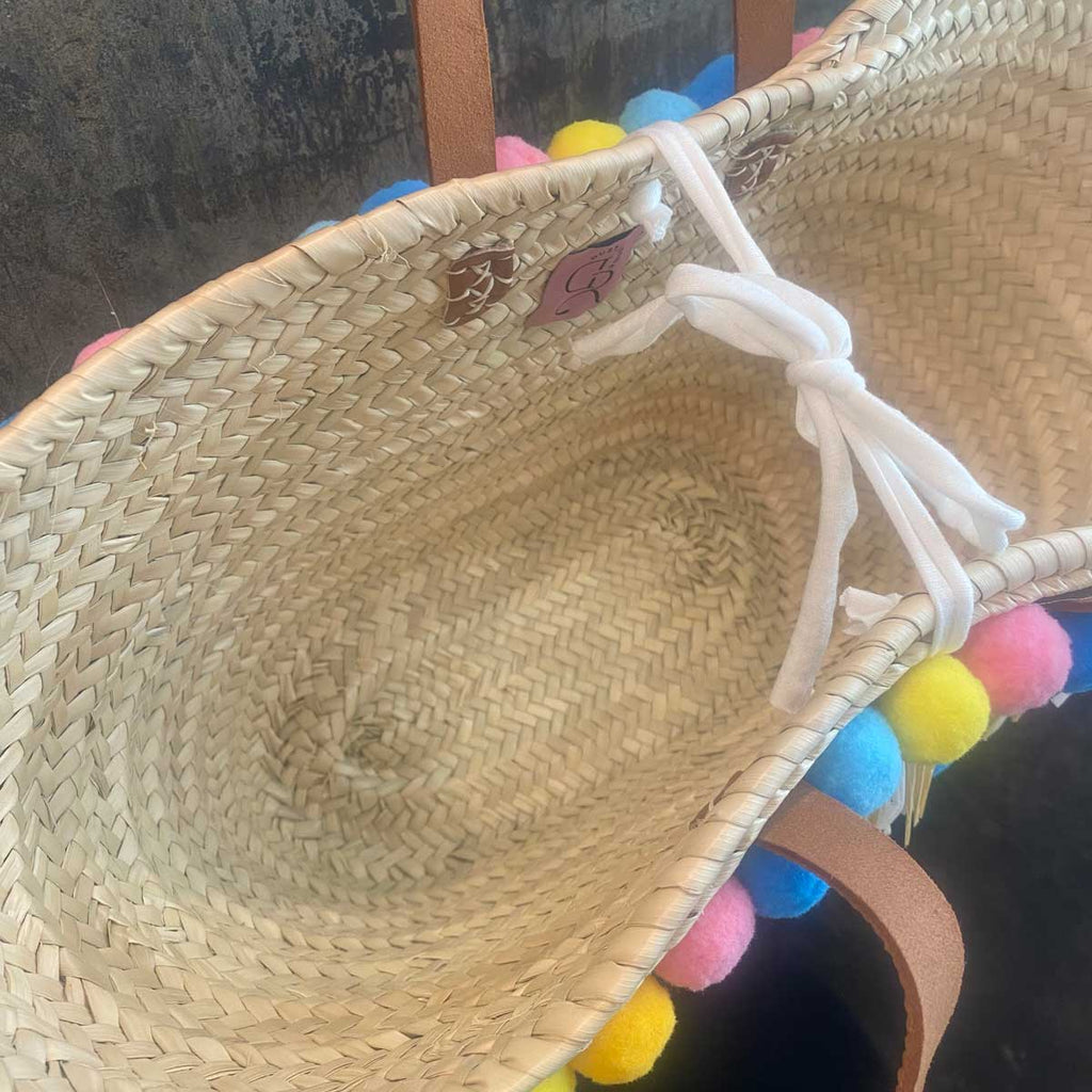 Coffa siciliana decorata borsa in paglia con frange e pon pom colorati personalizzati