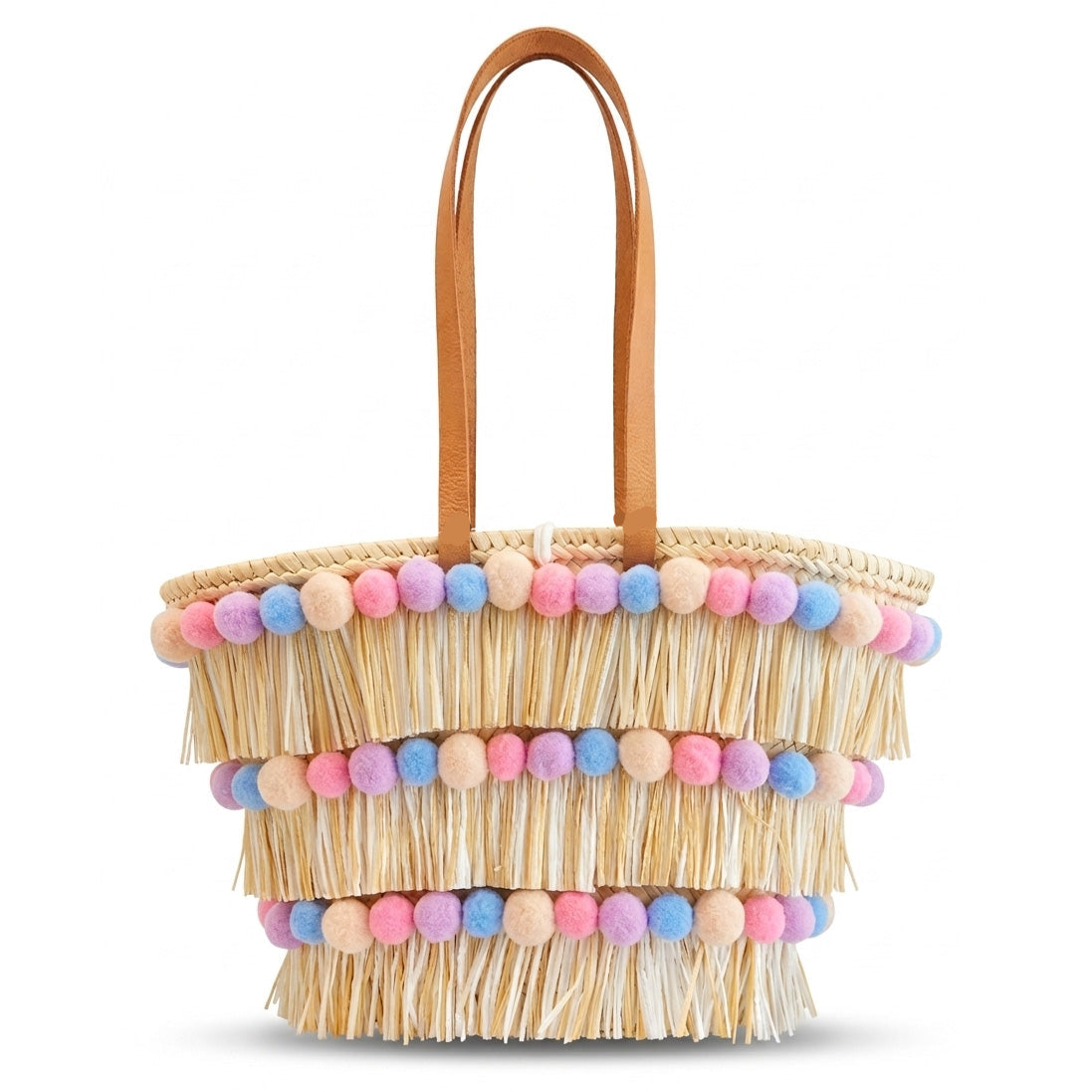 Coffa siciliana decorata borsa in paglia con frange e pon pom colorati personalizzati