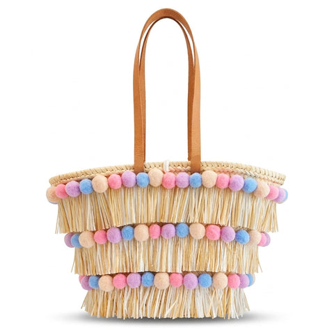 Coffa siciliana decorata borsa in paglia con frange e pon pom colorati personalizzati
