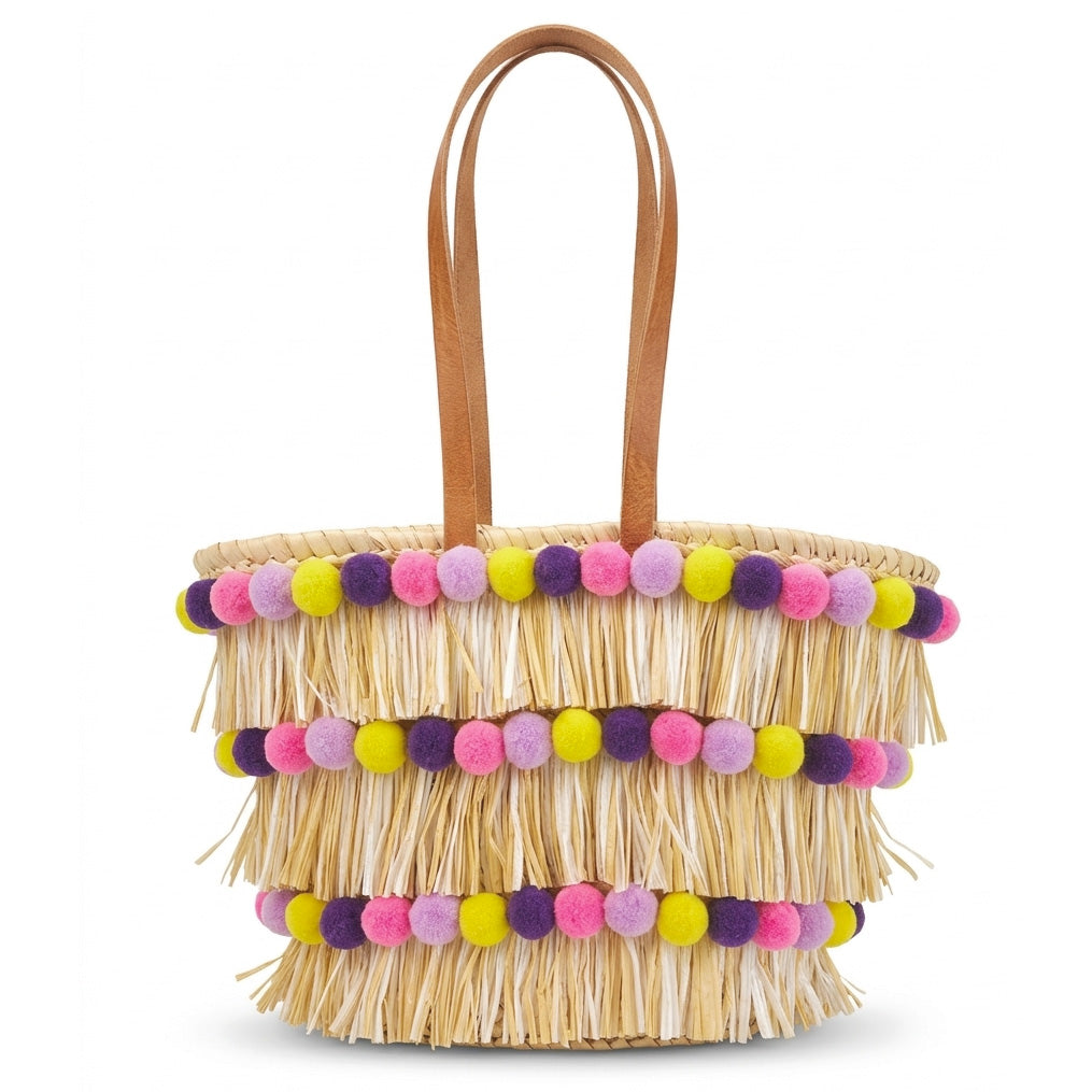 Coffa siciliana decorata borsa in paglia con frange e pon pom colorati personalizzati