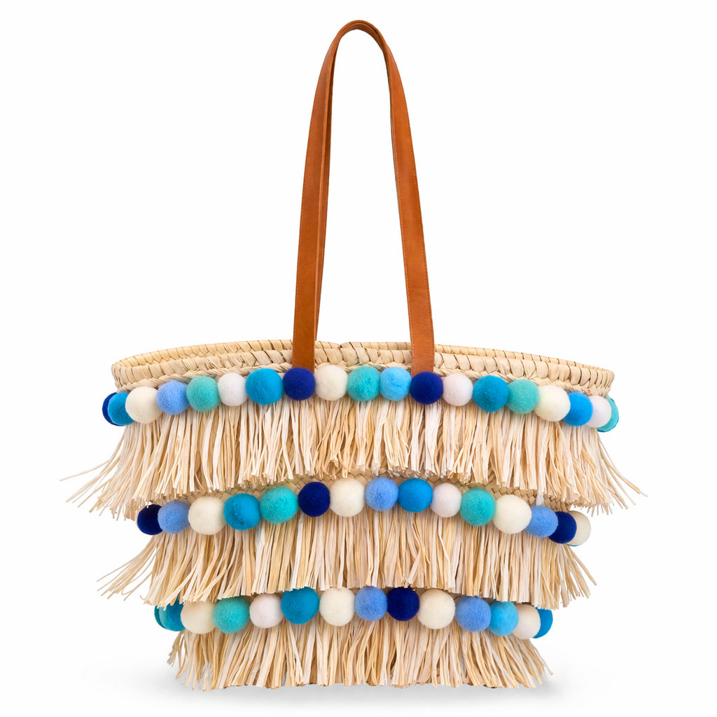 Coffa siciliana decorata borsa in paglia con frange e pon pom colorati personalizzati