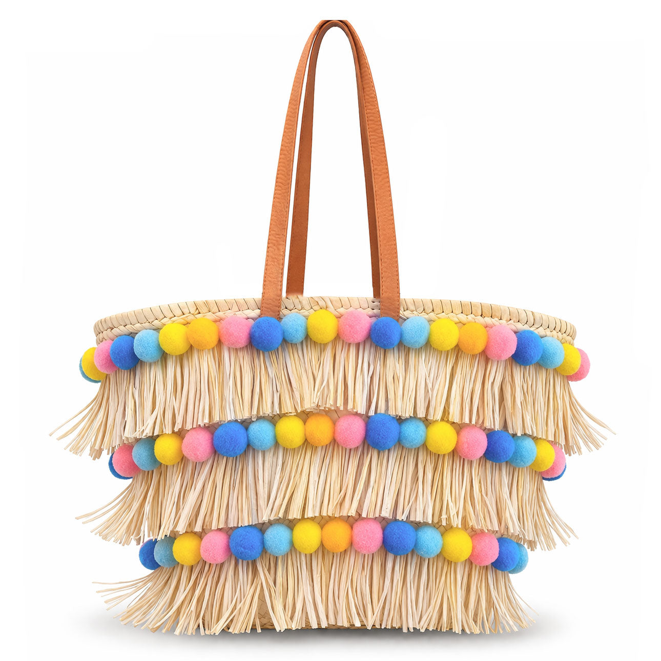 Coffa siciliana decorata borsa in paglia con frange e pon pom colorati personalizzati