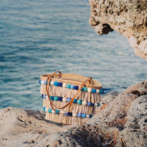 Borsa in paglia Zagara con frange e pon pom personalizzati