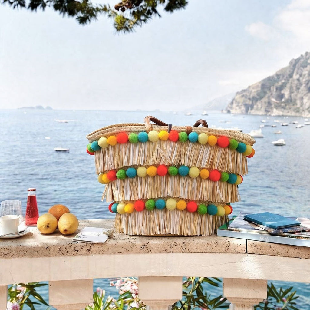 Coffa siciliana decorata borsa in paglia con frange e pon pom colorati personalizzati