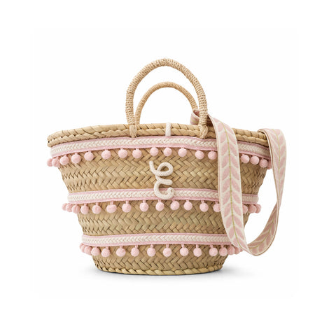 Coffa siciliana decorata borsa in paglia personalizzata con iniziale e pon pom rosa