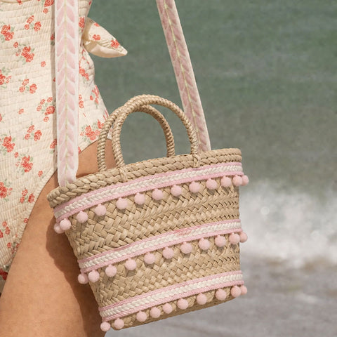 Borsa in paglia Zagara con pon pom rosa